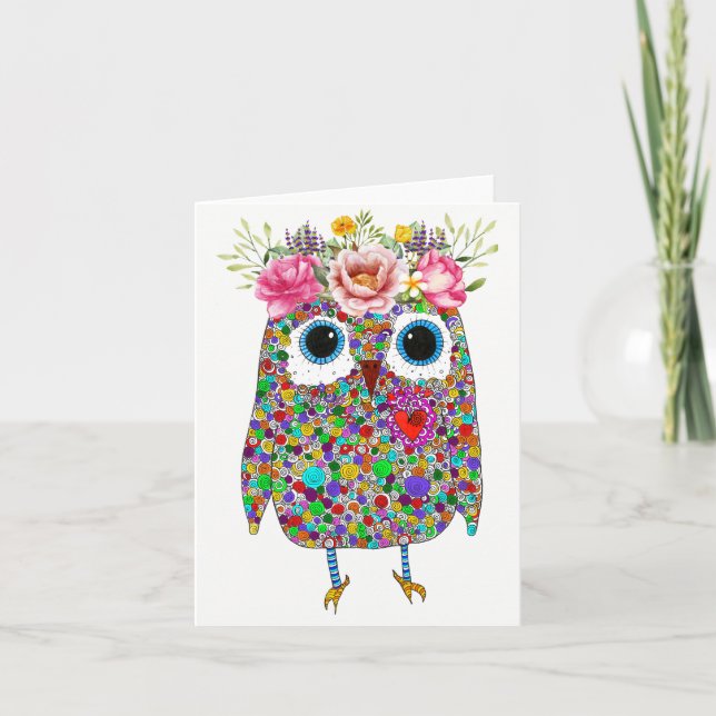 Pink Crown Floral Owl Greeting Card (Front)