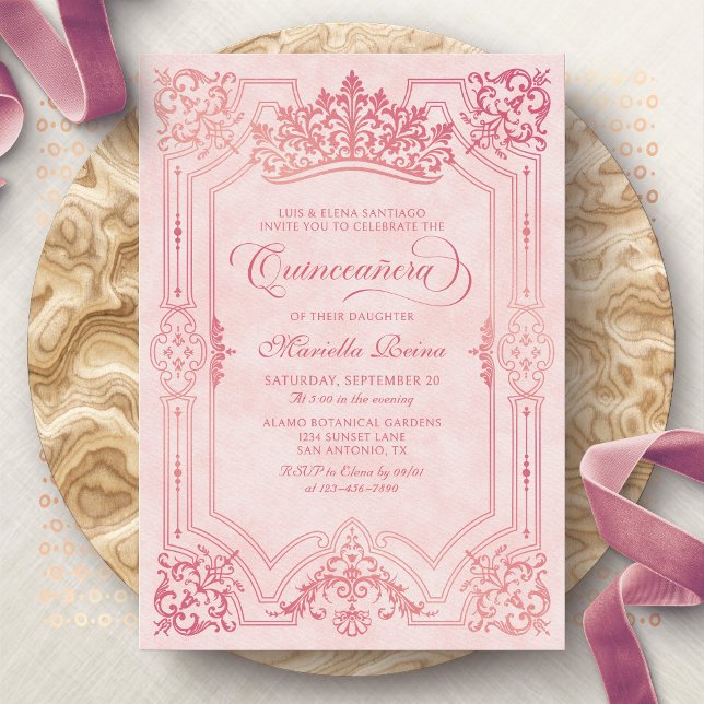 Pink Crown Tiara Elegant Quinceanera Invitation (Creator Uploaded)