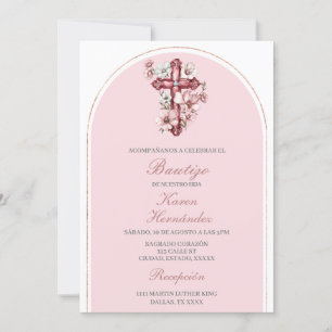 Pink crucifix Baptism Spanish Invitation