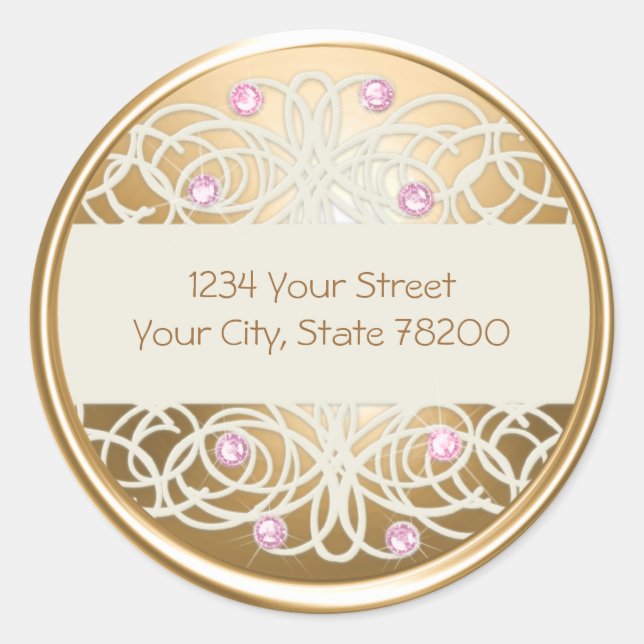 Pink Crystal and Gold Damask Return Address Seal (Front)