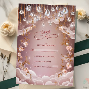 Pink Crystal Drops Opulent Floral Wedding RSVP Card