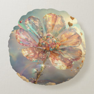 Pink Crystal Flower Digital Art Round Pillow