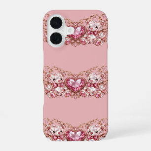 Pink Crystal Teddy Bears with Gem Heart iPhone 16 Case