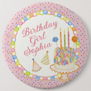Pink Cue the Confetti Birthday Party Dessert 6 Inch Round Button