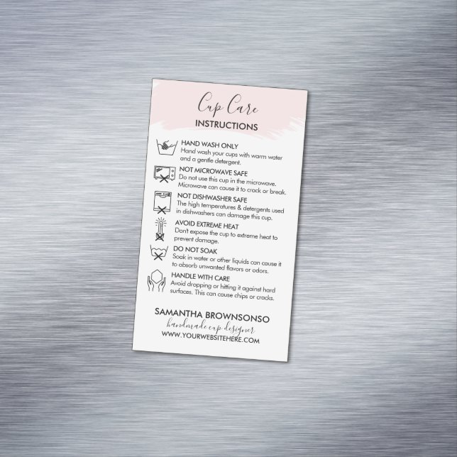 Pink Cup Care Instruction Customizable Magnetic Business Card (In Situ)