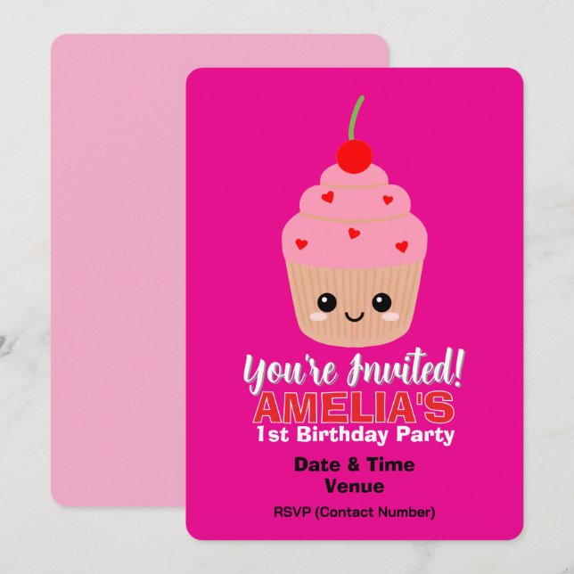 Pink Cupcake 1st Birthday Invitation Card (Front/Back)