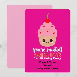 Pink Cupcake 1st Birthday Invitation Card