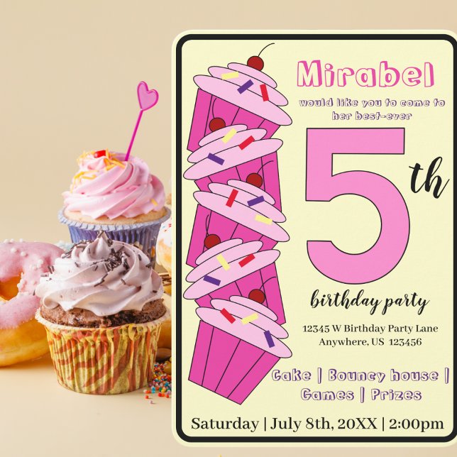 Pink Cupcake 5th Birthday Party Kids Invitation (Creator Uploaded)