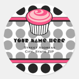 Pink Cupcake Address Label - Black Polka Dot