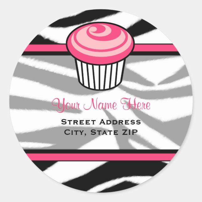 Pink Cupcake Address Label - Black Zebra Print (Front)