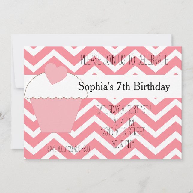 Pink Cupcake and Chevron Birthday Invitation (Front)