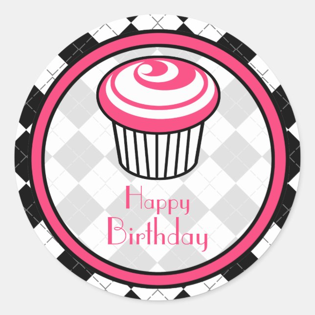 Pink Cupcake Birthday Sticker - Black Argyle (Front)