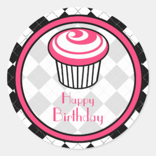Pink Cupcake Birthday Sticker - Black Argyle