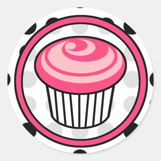 Pink Cupcake Birthday Sticker - Black Polka Dot (Front)