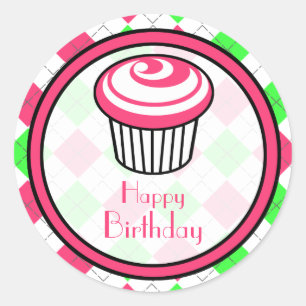 Pink Cupcake Birthday Sticker- Pink & Green Argyle Classic Round Sticker