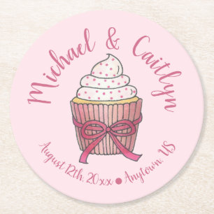 Pink Cupcake Bow Sprinkles Wedding Bridal Shower Round Paper Coaster