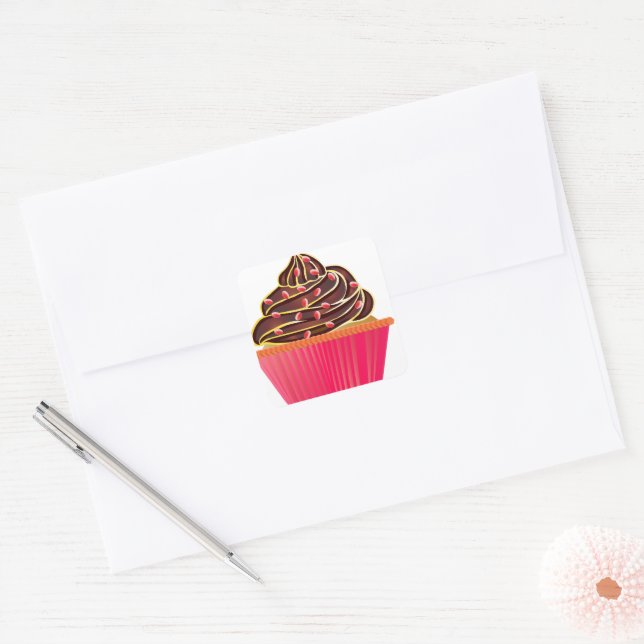 Pink Cupcake Chcolate Icing Square Sticker (Envelope)