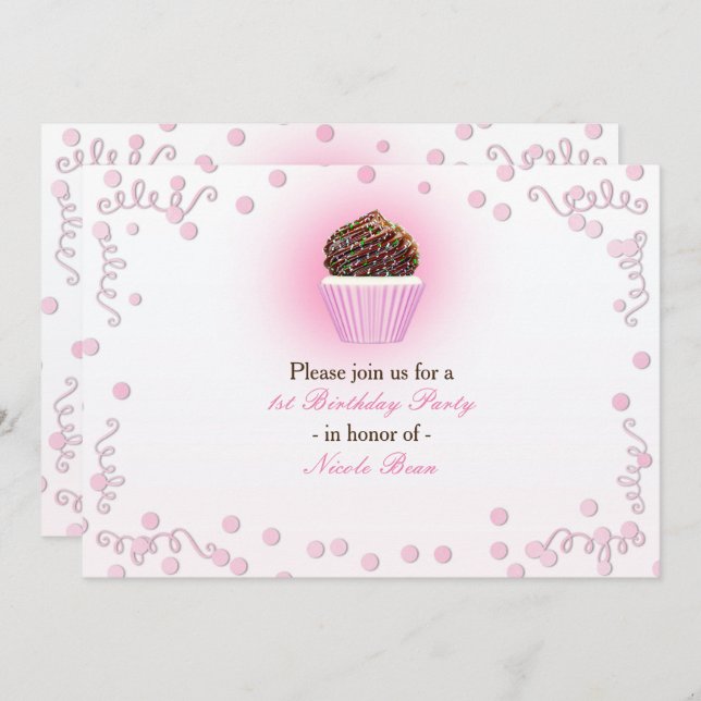 Pink Cupcake Confetti Birthday Party Invitations (Front/Back)