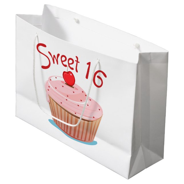 Pink Cupcake Design Sweet 16 Large Gift Bag (Front Angled)