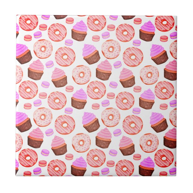 Pink Cupcake Doughnut Macaron Pattern Tile (Front)