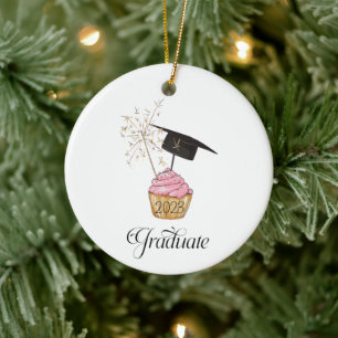 Pink Cupcake Graduate Year Custom Message Ceramic Ornament