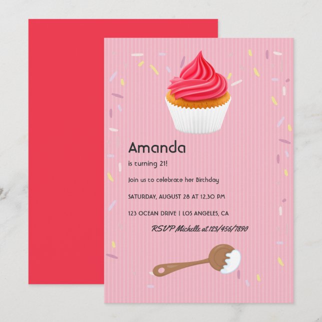 Pink Cupcake Invitation de fête d'anniversaire (Devant / Derrière)