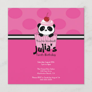 Pink Cupcake Panda Birthday Party Invitation