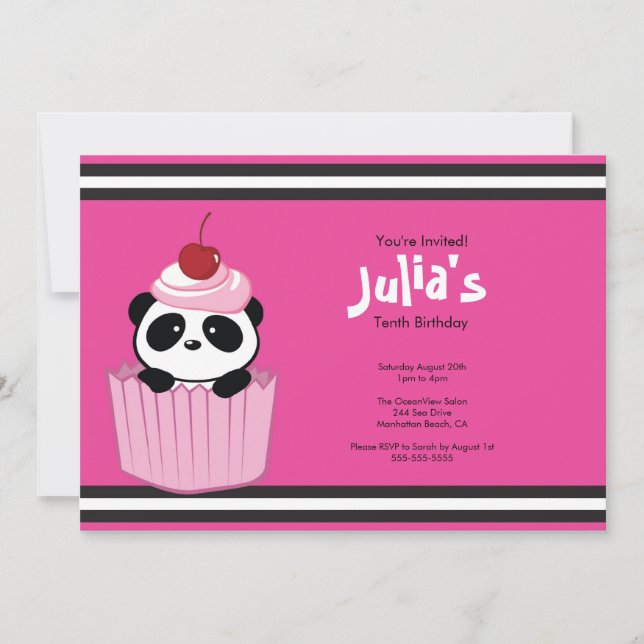Pink Cupcake Panda Birthday Party Invitation (Front)