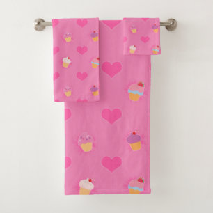 Pink Cupcake Pattern Bath Towel Set