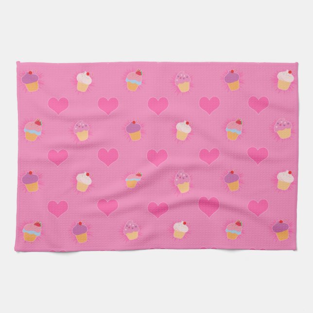 Pink Cupcake Pattern Kitchen Towel (Horizontal)