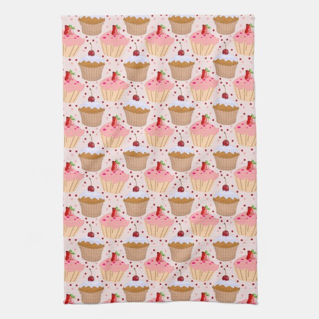 Pink Cupcake Pattern Kitchen Towel (Vertical)