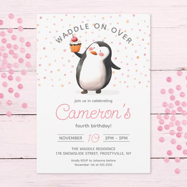 Pink Cupcake Penguin Celebration, kid's Birthday Invitation (Creator Uploaded)