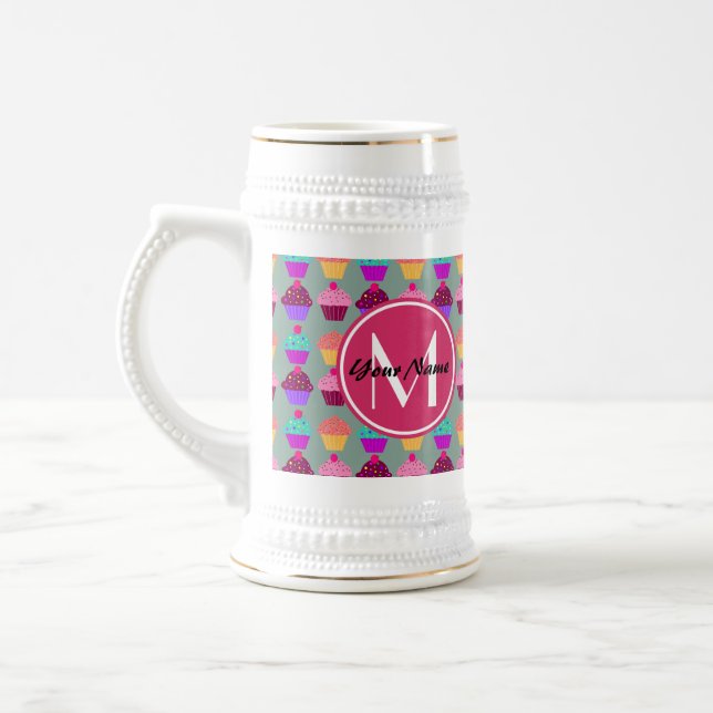 Pink Cupcake Personalized Name, Custom Monogram Beer Stein (Left)