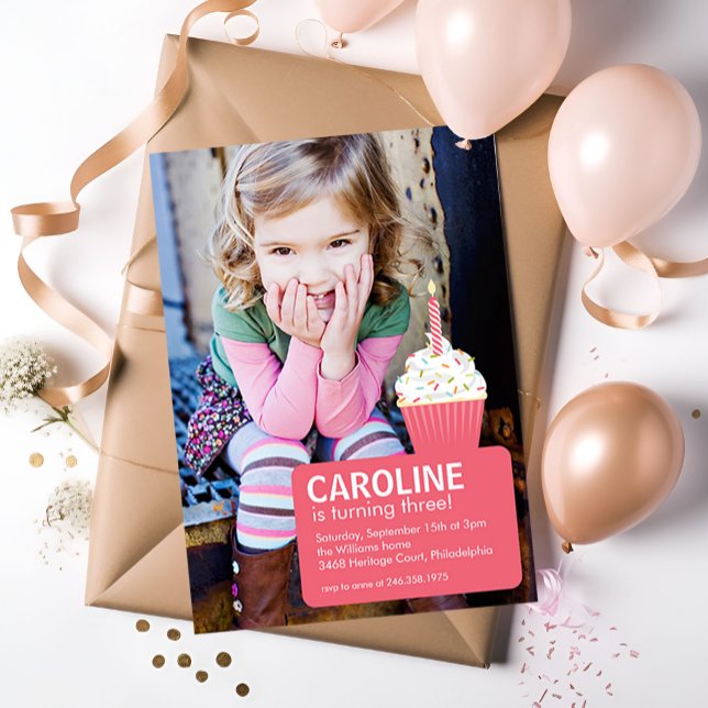 Pink Cupcake Photo First Birthday Invitation (Creator Uploaded)