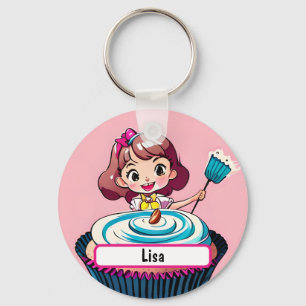 Pink Cupcake Princess With Customizable Nametag Keychain