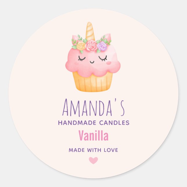 Pink Cupcake Unicorn with Roses Candle Business Classic Round Sticker (Front)