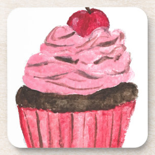 Pink cupcake watercolour painting coaster