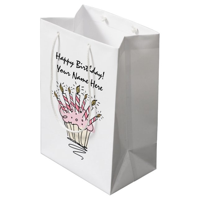 Pink cupcake with Birthday candles personalized Medium Gift Bag (Back Angled)