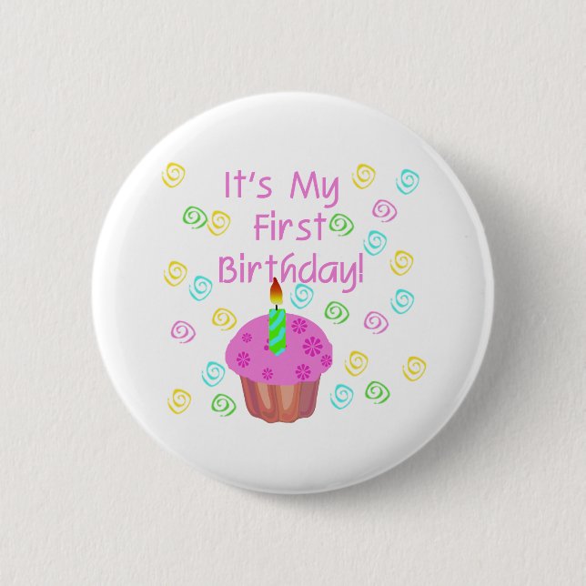 Pink Cupcake With Candle First Birthday 2 Inch Round Button (Front)