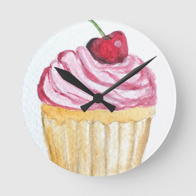 Pink cupcake with cherry round clock (Front)