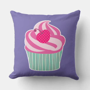 Pink Cupcake WIth Polka Dot Cherry Throw Pillow
