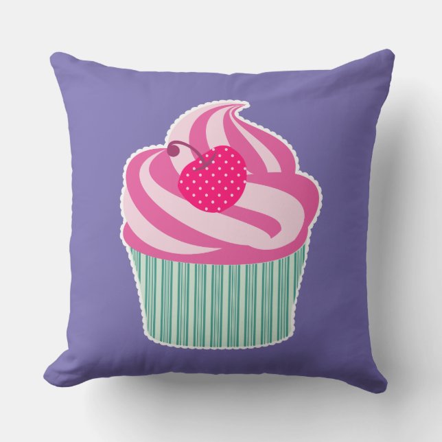 Pink Cupcake WIth Polka Dot Cherry Throw Pillow (Front)