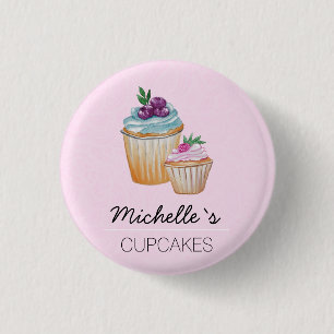 Pink CupCakes And Fruits Watercolor 1 Inch Round Button
