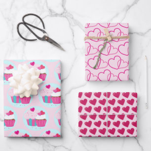 Pink Cupcakes and Hearts Wrapping Paper Sheet