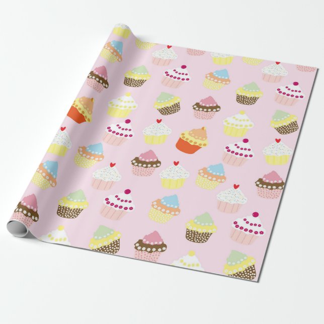 Pink Cupcakes Birthday Party Wrapping Paper (Unrolled)