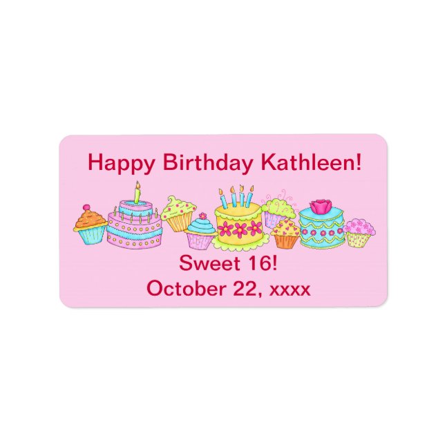 Pink Cupcakes /Cake Happy Birthday Sweet 16 Label (Front)