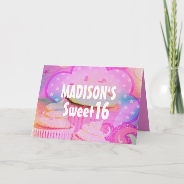 Pink Cupcakes Sweet 16 Personalized Birthday Card (Front)