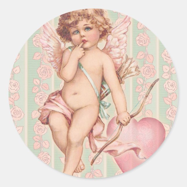 Pink Cupid on Roses Classic Round Sticker (Front)