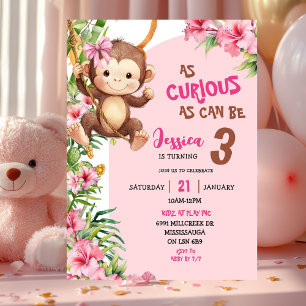 Pink Curious Monkey Savannah Theme Birthday Invitation