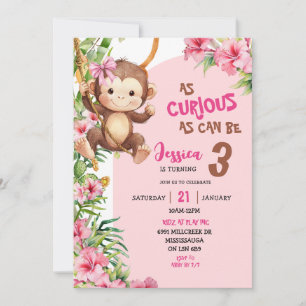Pink Curious Monkey Savannah Theme Birthday Invitation